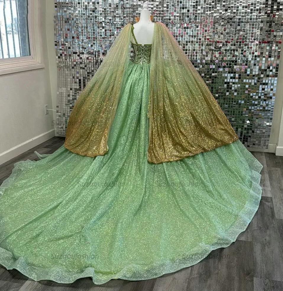 Sparkly & Glitter Ball Gown Sweetheart Neck Sleeveless Beaded Sage Tulle Green Quinceanera Dress Formal Evening Party Gown For Sweet 16