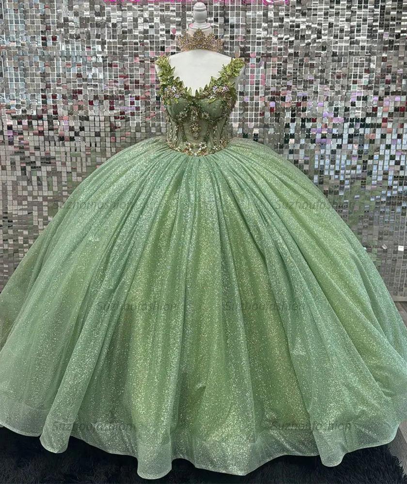 Sparkly & Glitter Ball Gown Sweetheart Neck Sleeveless Beaded Sage Tulle Green Quinceanera Dress Formal Evening Party Gown For Sweet 16
