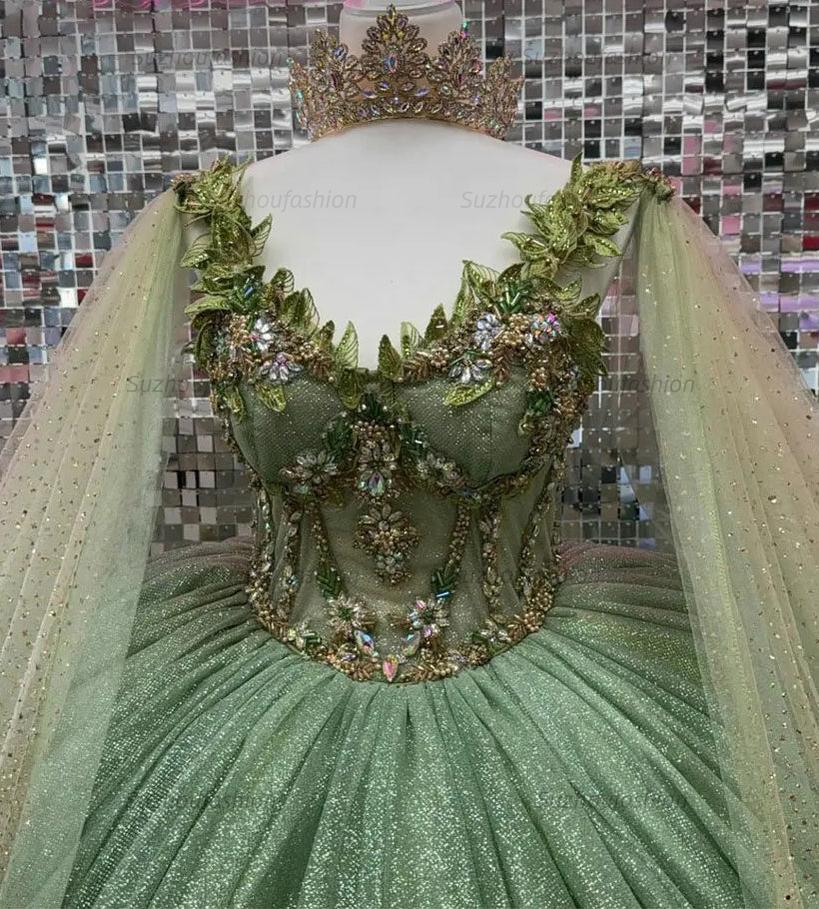 Sparkly & Glitter Ball Gown Sweetheart Neck Sleeveless Beaded Sage Tulle Green Quinceanera Dress Formal Evening Party Gown For Sweet 16