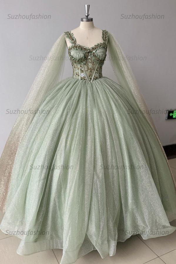 Sparkly & Glitter Ball Gown Sweetheart Neck Sleeveless Beaded Sage Tulle Green Quinceanera Dress Formal Evening Party Gown For Sweet 16