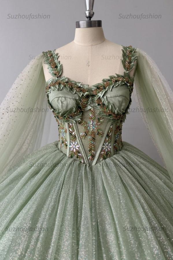 Sparkly & Glitter Ball Gown Sweetheart Neck Sleeveless Beaded Sage Tulle Green Quinceanera Dress Formal Evening Party Gown For Sweet 16