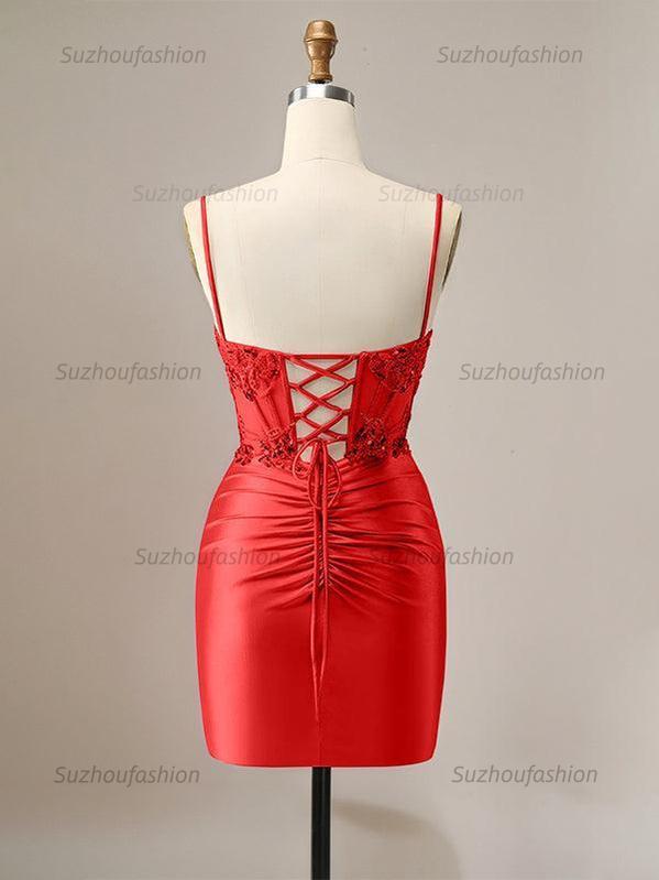 Suzhoufashion Sparkly Glitter Spaghetti Straps Sequins Pleated Corset Homecoming Dress