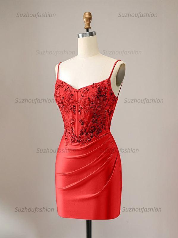 Suzhoufashion Sparkly Glitter Spaghetti Straps Sequins Pleated Corset Homecoming Dress