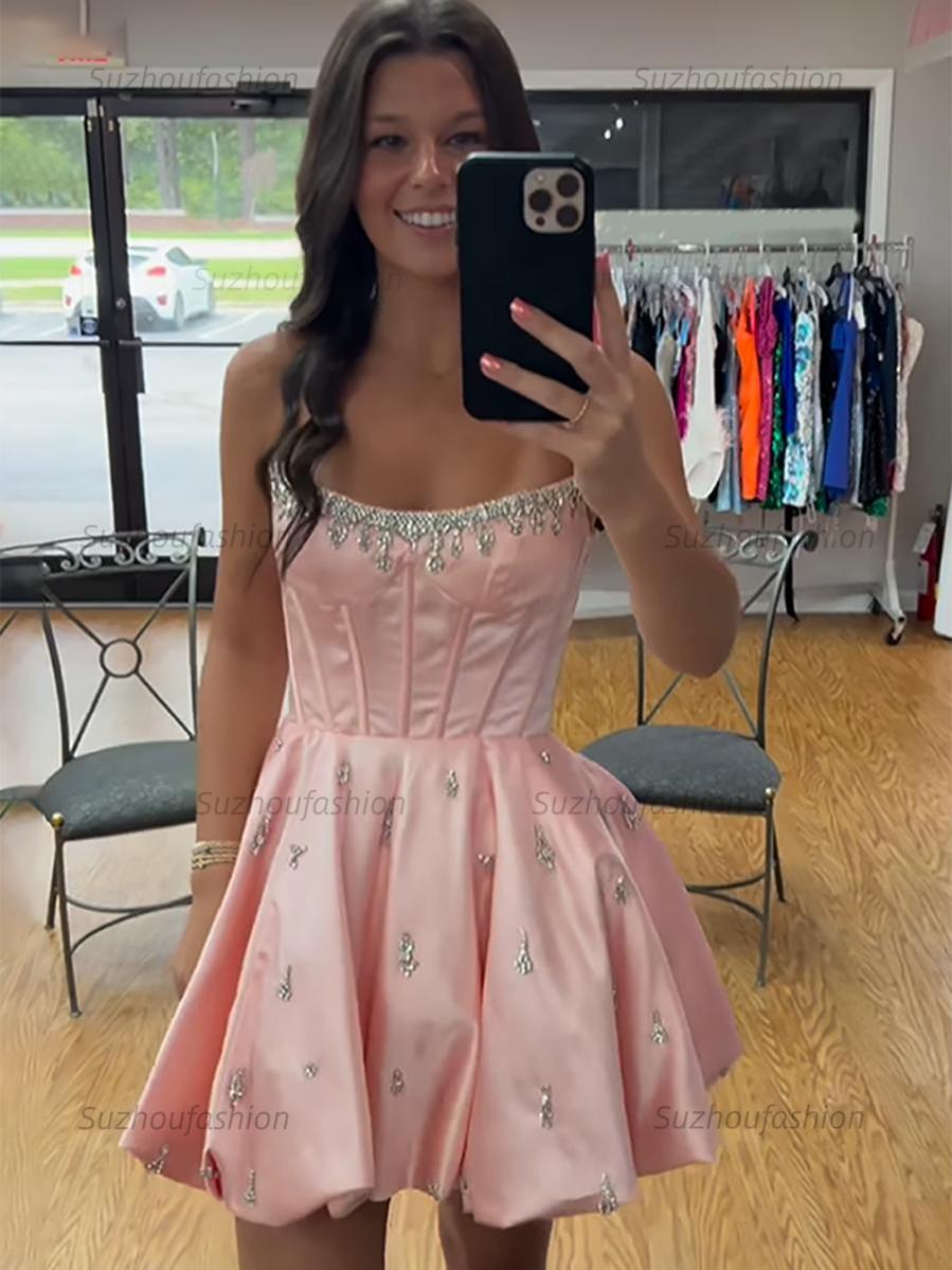 Suzhoufashion Sparkly Satin A Line Short Corset Homecoming Dress with Rhinestones