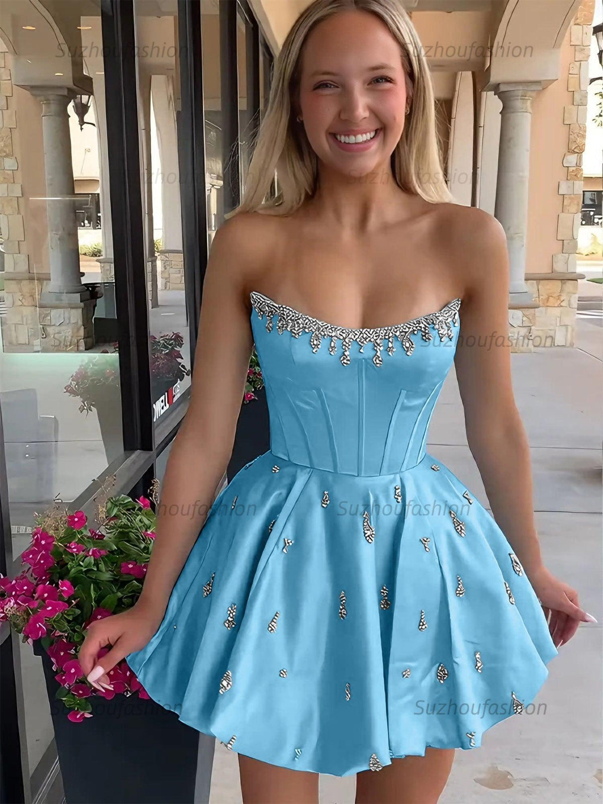 Suzhoufashion Sparkly Satin A Line Short Corset Homecoming Dress with Rhinestones