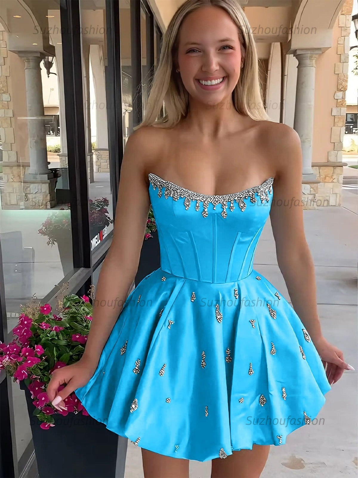 Suzhoufashion Sparkly Satin A Line Short Corset Homecoming Dress with Rhinestones