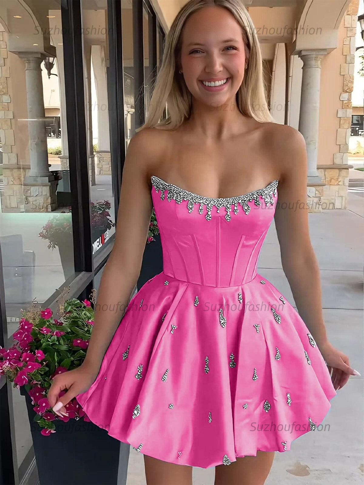 Suzhoufashion Sparkly Satin A Line Short Corset Homecoming Dress with Rhinestones