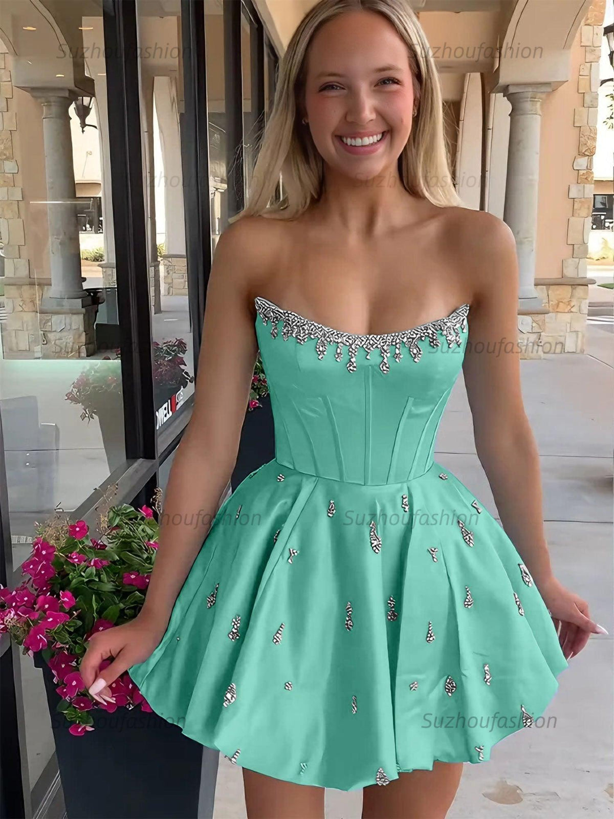 Suzhoufashion Sparkly Satin A Line Short Corset Homecoming Dress with Rhinestones