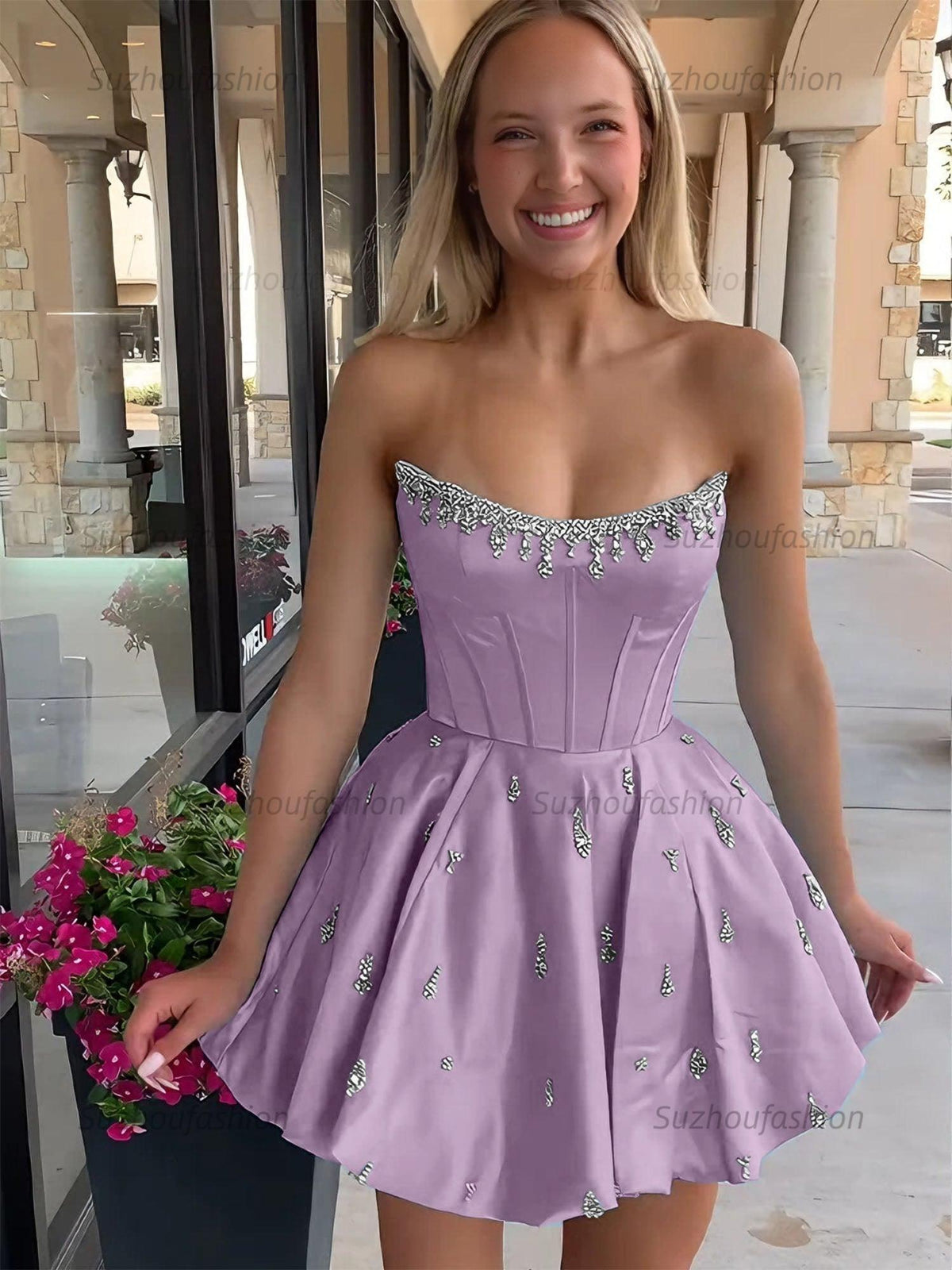 Suzhoufashion Sparkly Satin A Line Short Corset Homecoming Dress with Rhinestones