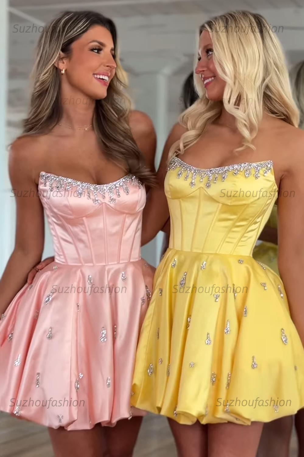 Suzhoufashion Sparkly Satin A Line Short Corset Homecoming Dress with Rhinestones