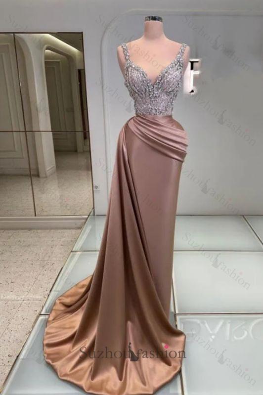 Sparkly Sequins V Neck Prom Dress Sleeveless Satin Formal Dress