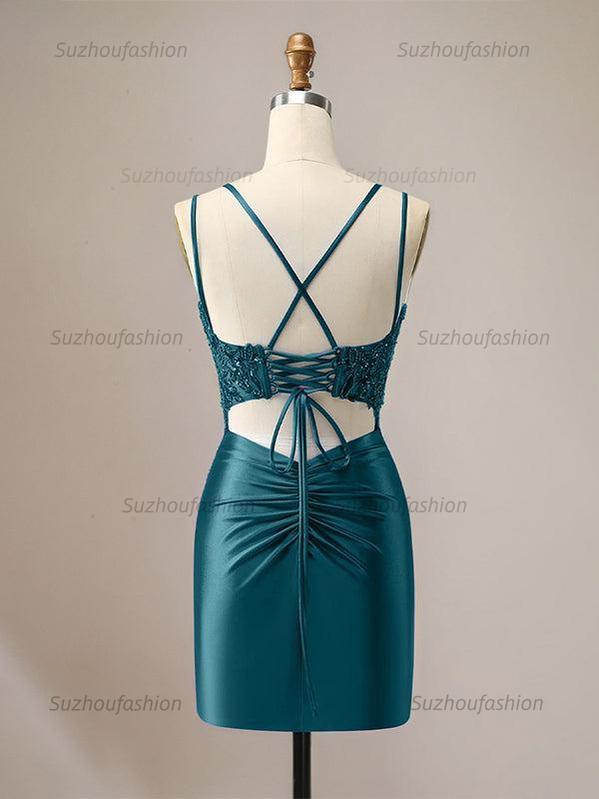 Suzhoufashion Sparkly Spaghetti Straps Sequins Pleated Corset Homecoming Dress