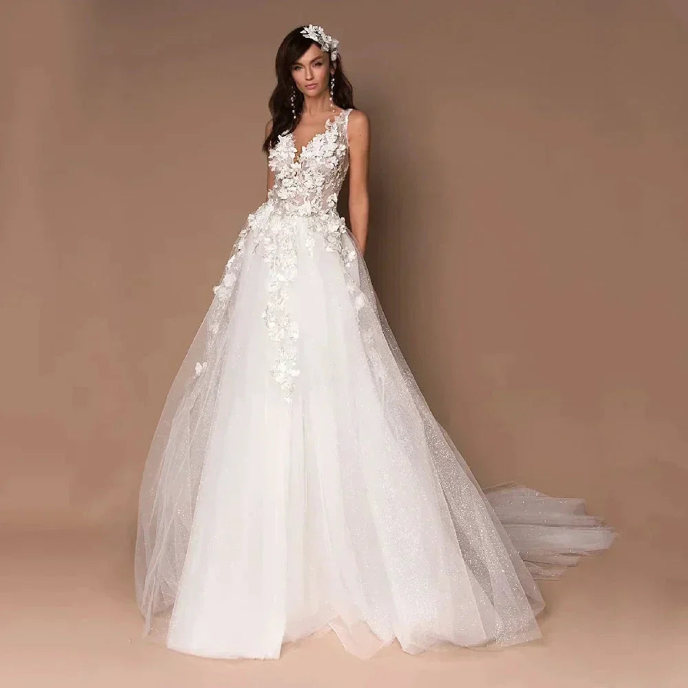 Sparkly V-Neck Wedding Dresses 2023 Boho 3D Appliques Tulle Bridal Gowns Vestidos De Novia Bohemian Princess Brides Dresses (ZD13312) - VelvetHem