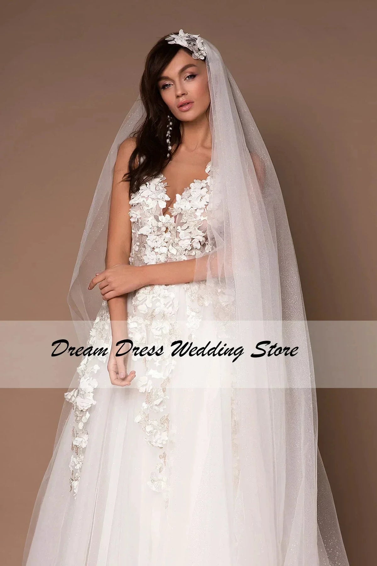 Sparkly V-Neck Wedding Dresses 2023 Boho 3D Appliques Tulle Bridal Gowns Vestidos De Novia Bohemian Princess Brides Dresses (ZD13312)