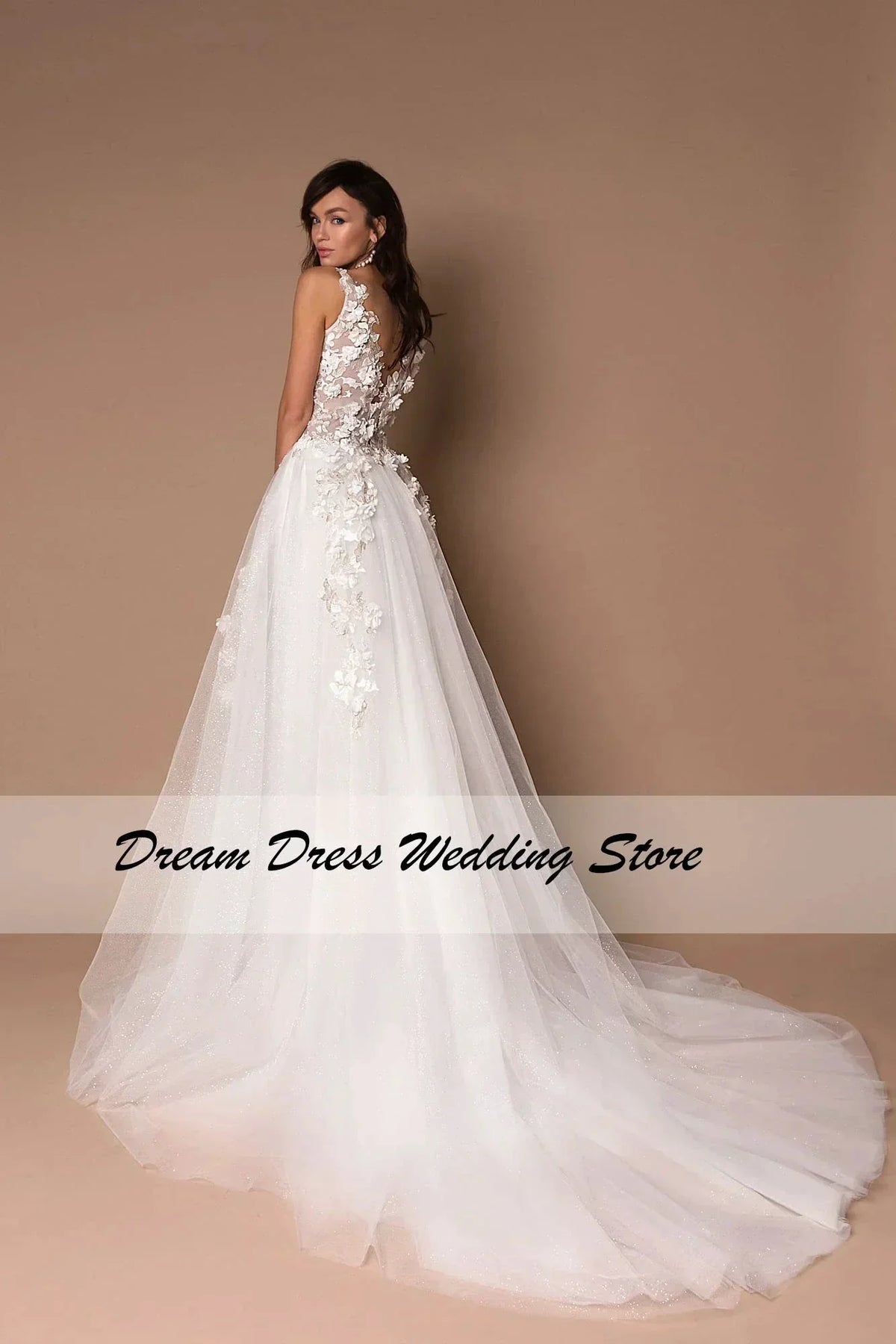 Sparkly V-Neck Wedding Dresses 2023 Boho 3D Appliques Tulle Bridal Gowns Vestidos De Novia Bohemian Princess Brides Dresses (ZD13312)