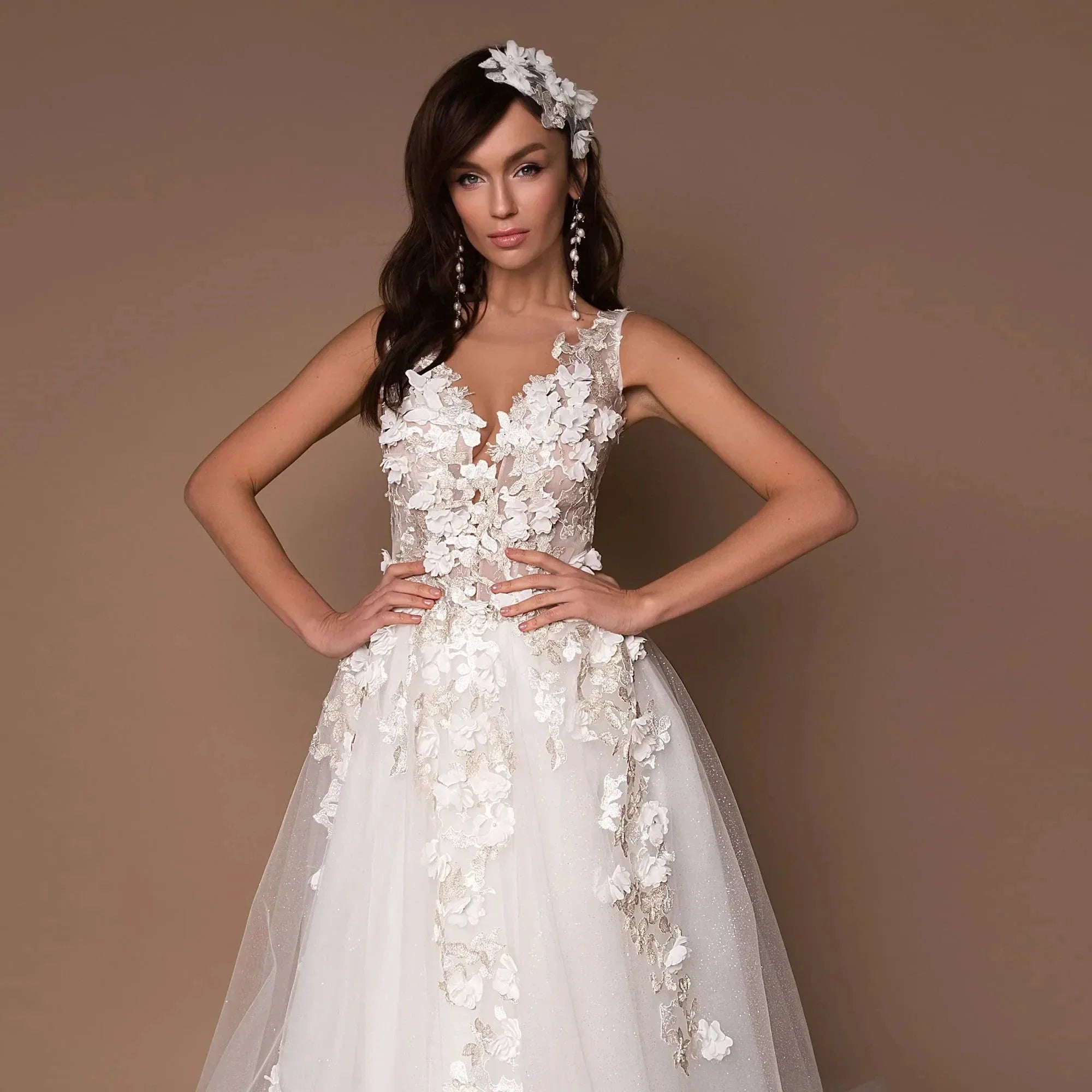Sparkly V-Neck Wedding Dresses 2023 Boho 3D Appliques Tulle Bridal Gowns Vestidos De Novia Bohemian Princess Brides Dresses (ZD13312)