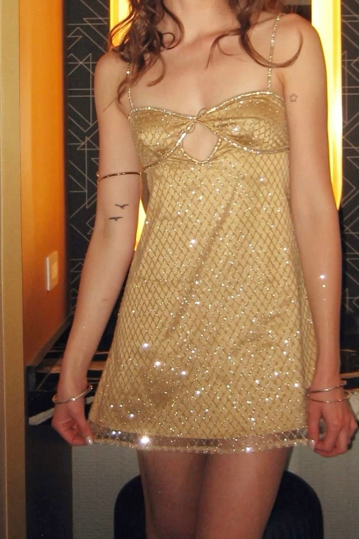 Sparkly A Line Spaghetti Straps Gold Sequins Short Homecoming Dress with Keyhole