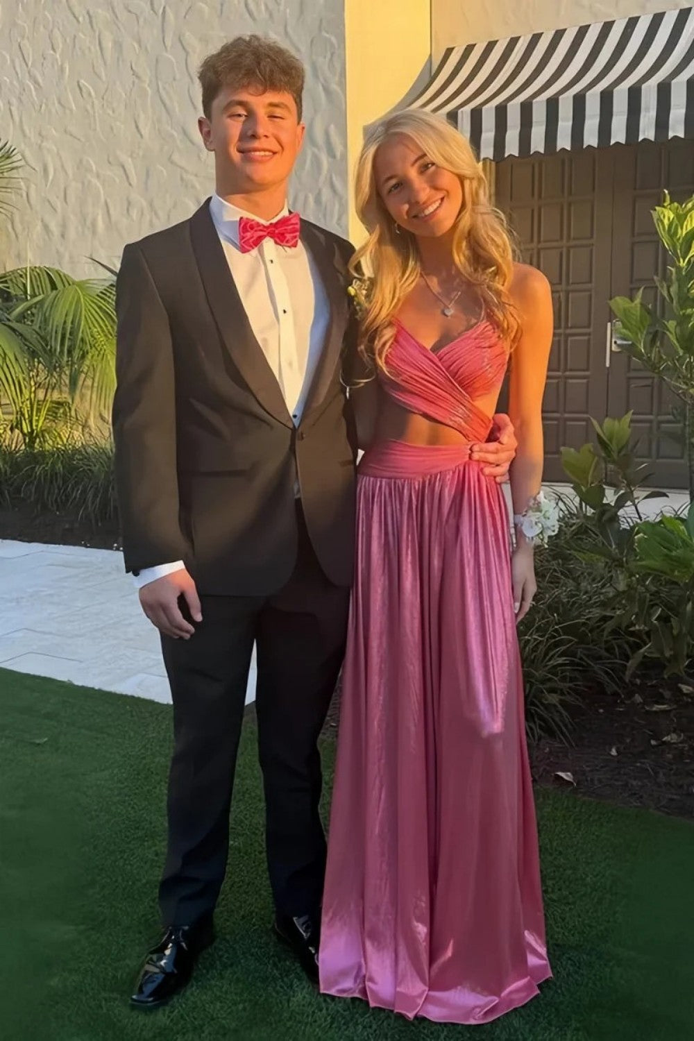 Sparkly A Line Spaghetti Straps Hot Pink Long Prom Dress with Criss Cross Back - VelvetHem