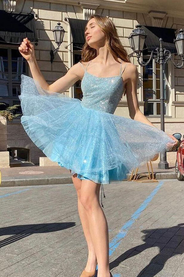 Sparkly Blue A-line Spaghetti Straps Homecoming Dress, Short Prom Dresses - VelvetHem