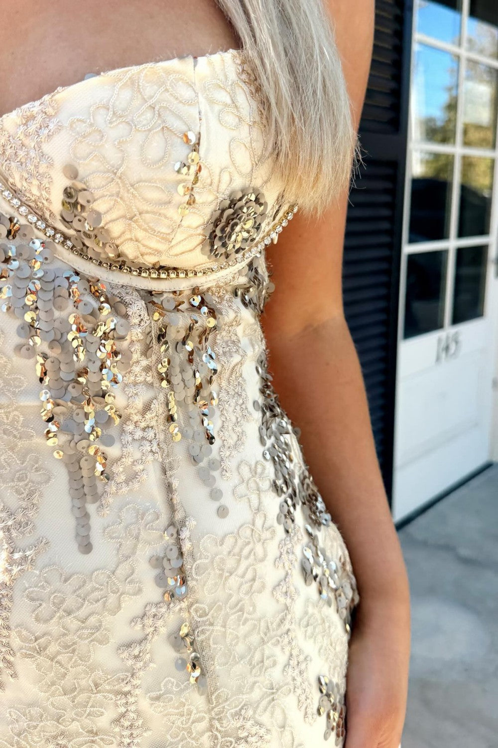 Sparkly Champagne Lace Homecoming Dress with Beaded Flowers and Cutout Bust