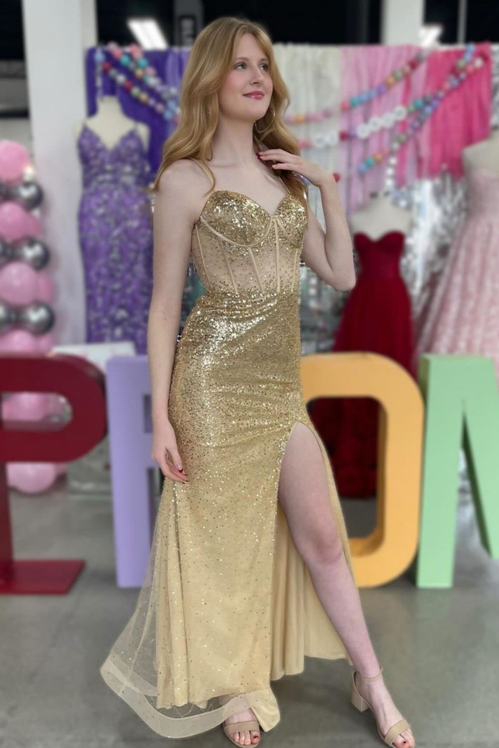 Sparkly Gold Mermaid Spaghetti Straps Long Prom Dress With Split - VelvetHem