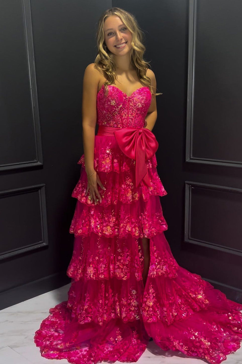 Sparkly Pink A-Line Sweetheart Long Tiered Sequin Prom Dress with Slit - View 5 | VelvetHem