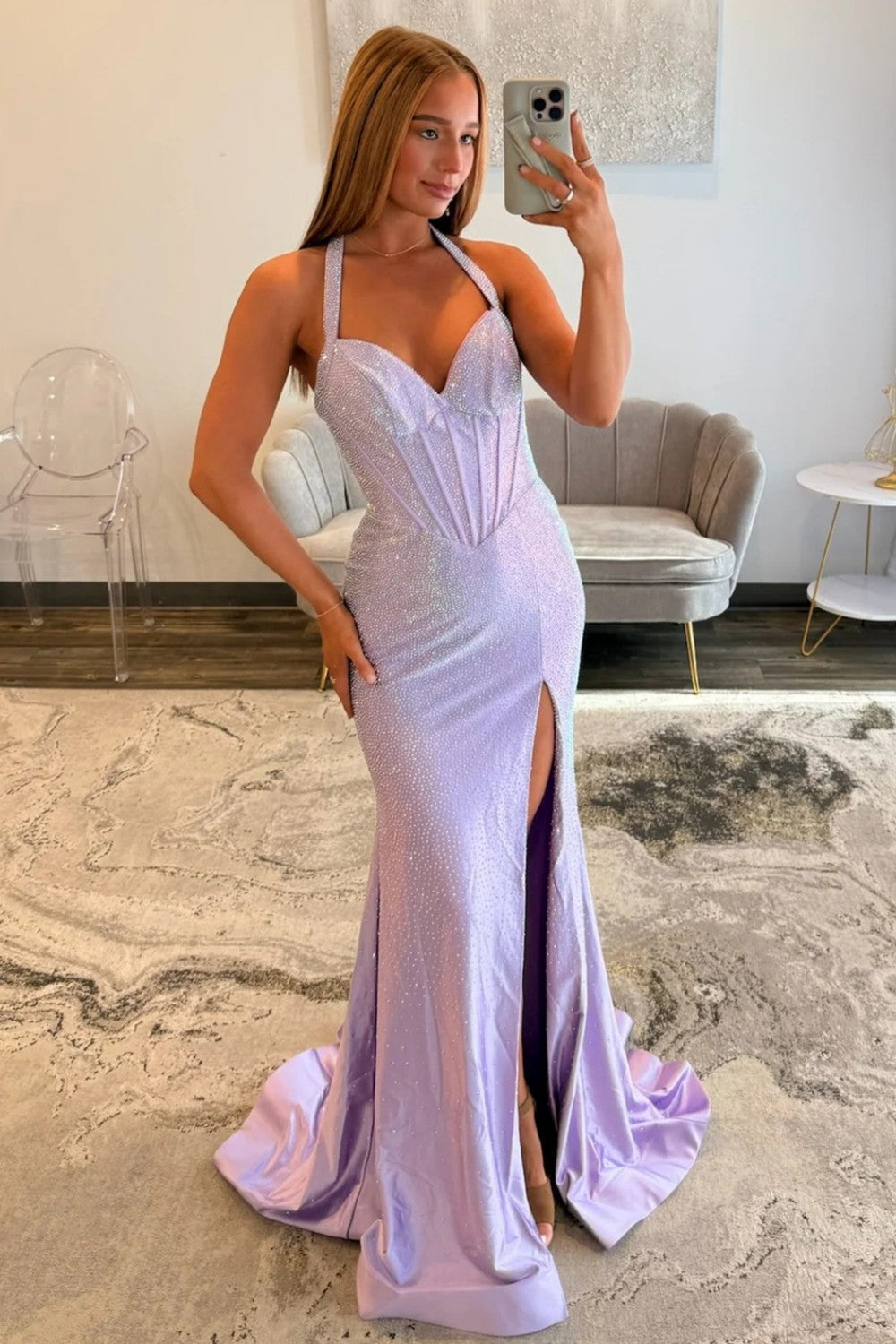 Shine Mermaid Halter Neck Lilac Corset Prom Dress with Beading