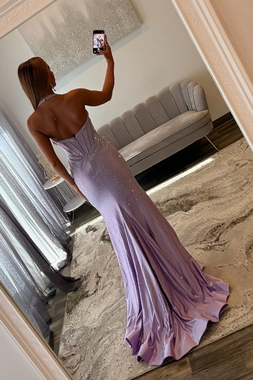 Shine Mermaid Halter Neck Lilac Corset Prom Dress with Beading