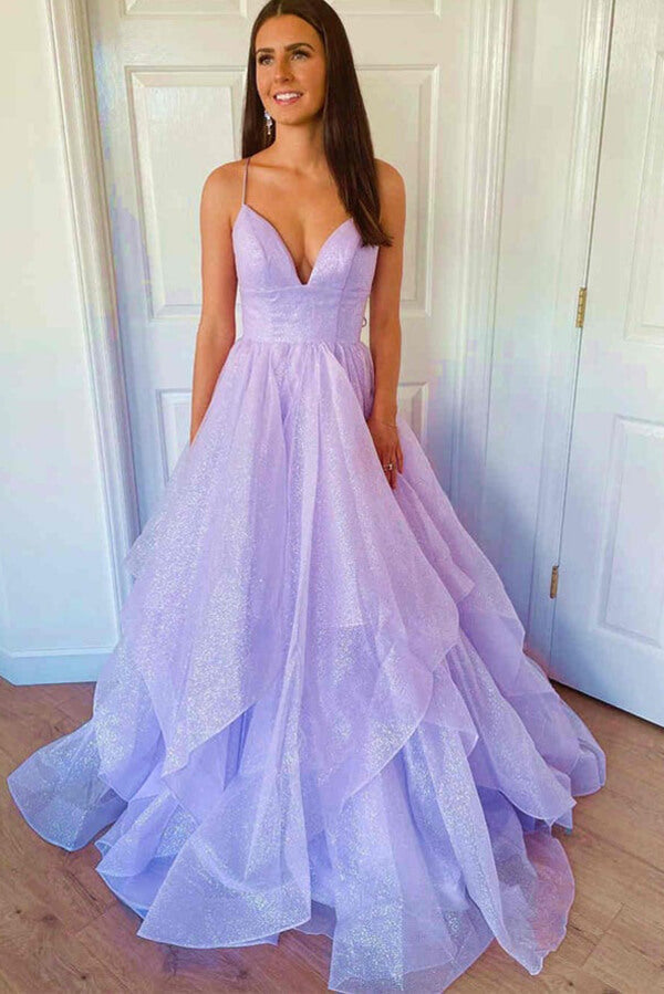 Sparkly Lavender Tiered Tulle A-line Princess Prom Dresses, Evening Gown - VelvetHem