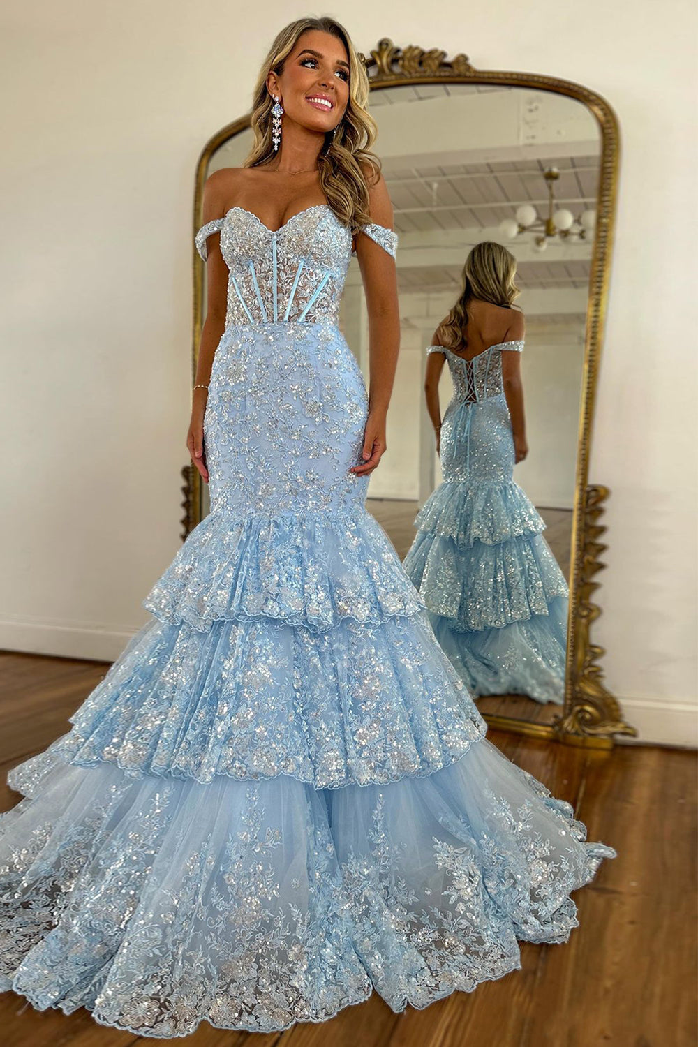 Sparkly Light Blue Mermaid Off The Shoulder Lace Up Long Prom Dress with Appliques - VelvetHem
