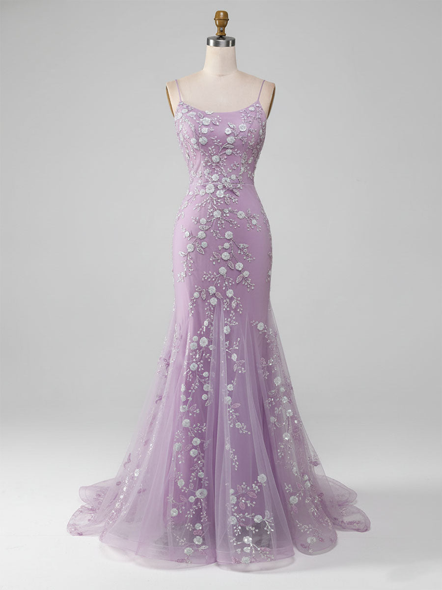 Sparkly Lilac Beaded Spaghetti Straps Mermaid Long Prom Dress - VelvetHem