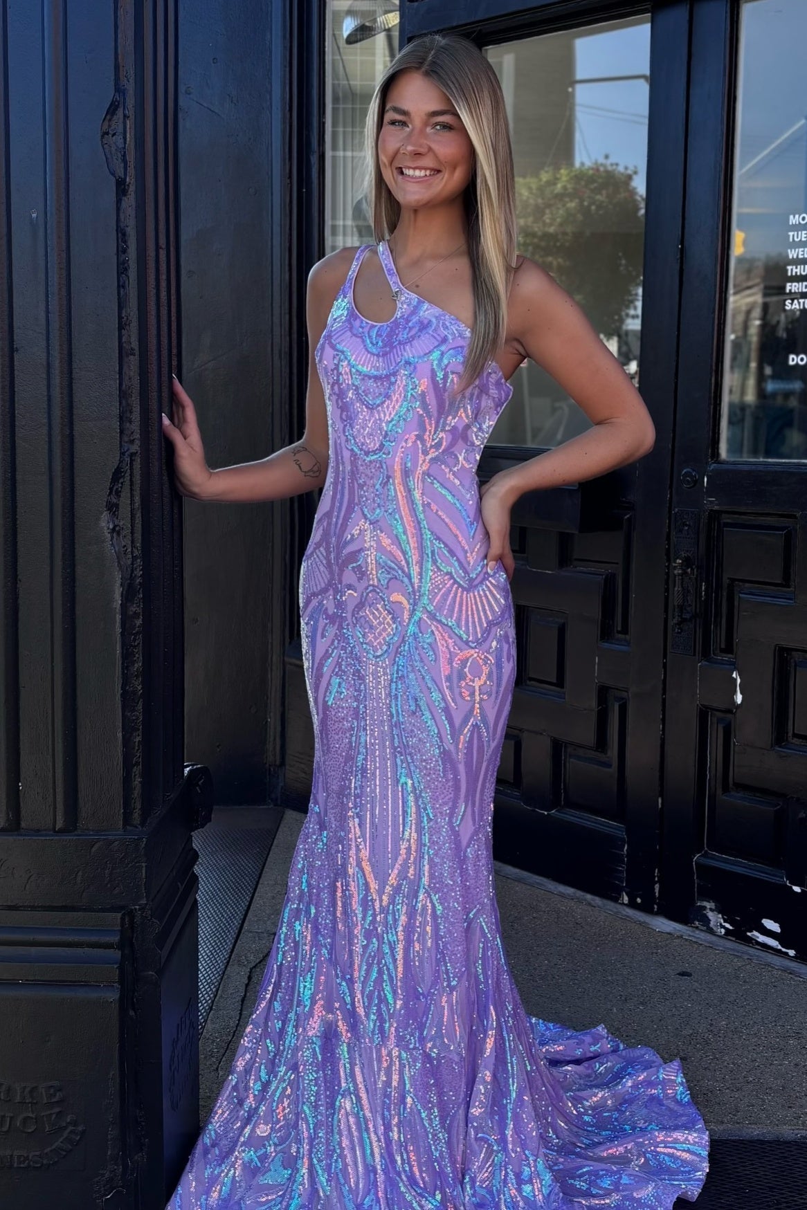 Sparkly Mermaid One Shoulder Lilac Sequins Long Prom Dress with Keyhole