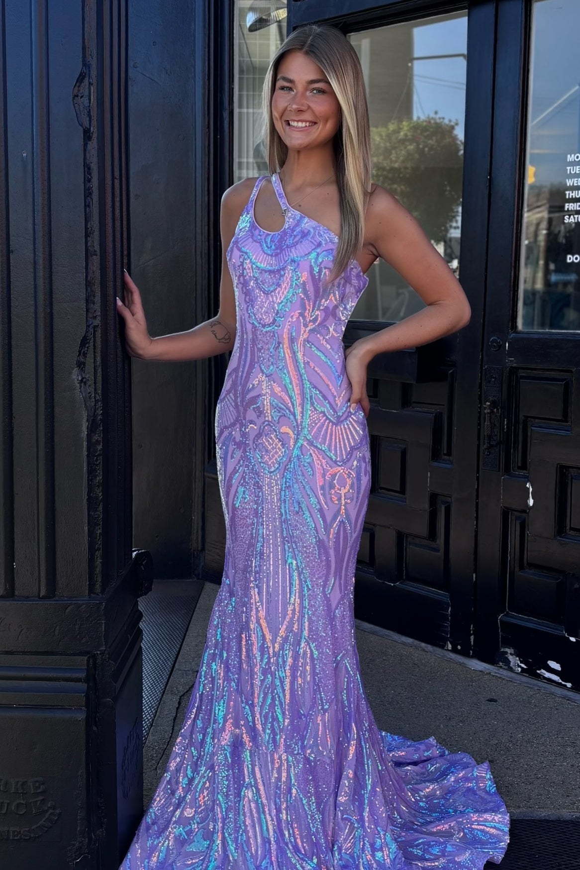 Sparkly Mermaid One Shoulder Lilac Sequins Long Prom Dress with Keyhole - View 3 | VelvetHem