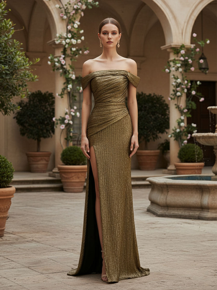 Sparkly Mermaid One Shoulder Pleated Formal Dress with Slit - VelvetHem