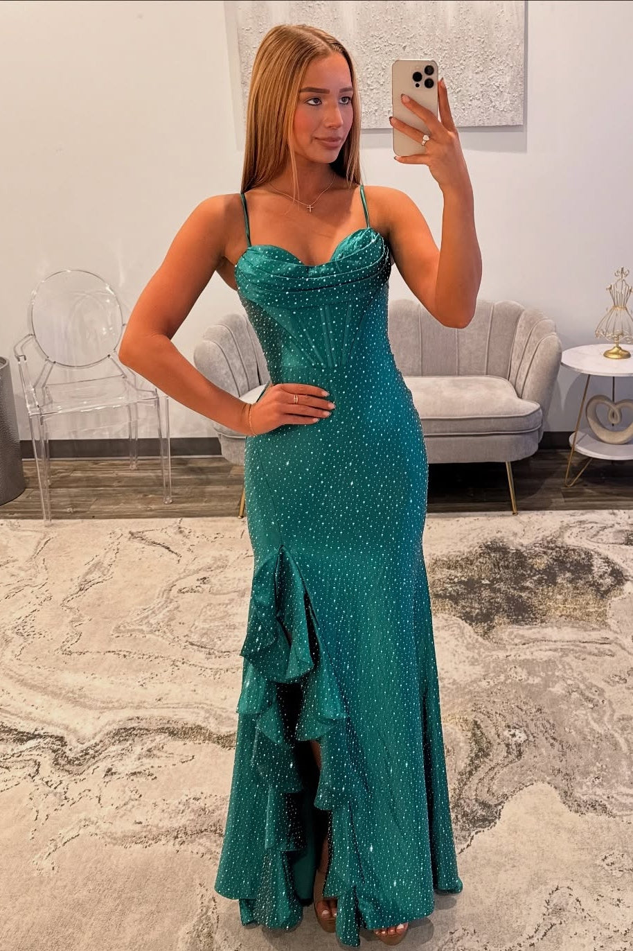 Sparkly Mermaid Spaghetti Straps Dark Green Long Prom Dress with Beading