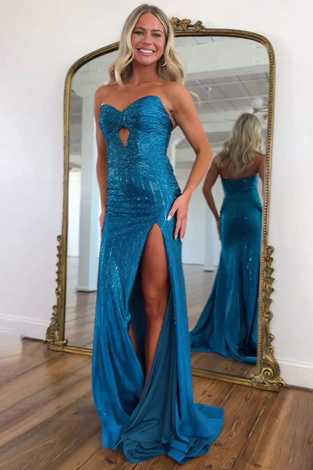 Sparkly Mermaid Sweetheart Royal Blue Long Prom Dress with Beading - View 3 | VelvetHem