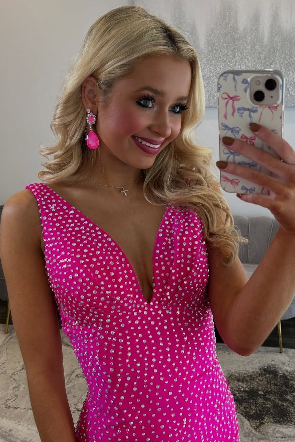 Sparkly Mermaid V Neck Hot Pink Long Prom Dress with Beading