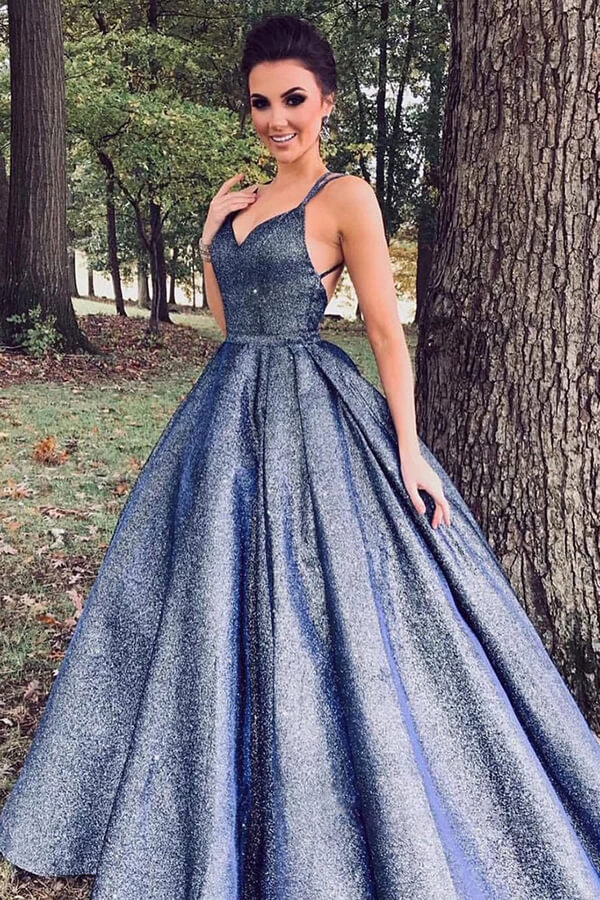 Sparkly Navy Blue Ball Gown V-neck Prom Dresses, Long Formal Dresses - VelvetHem