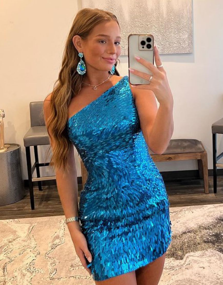 Sparkly One Shoulder Bodycon Sequin Homecoming Dress - VelvetHem