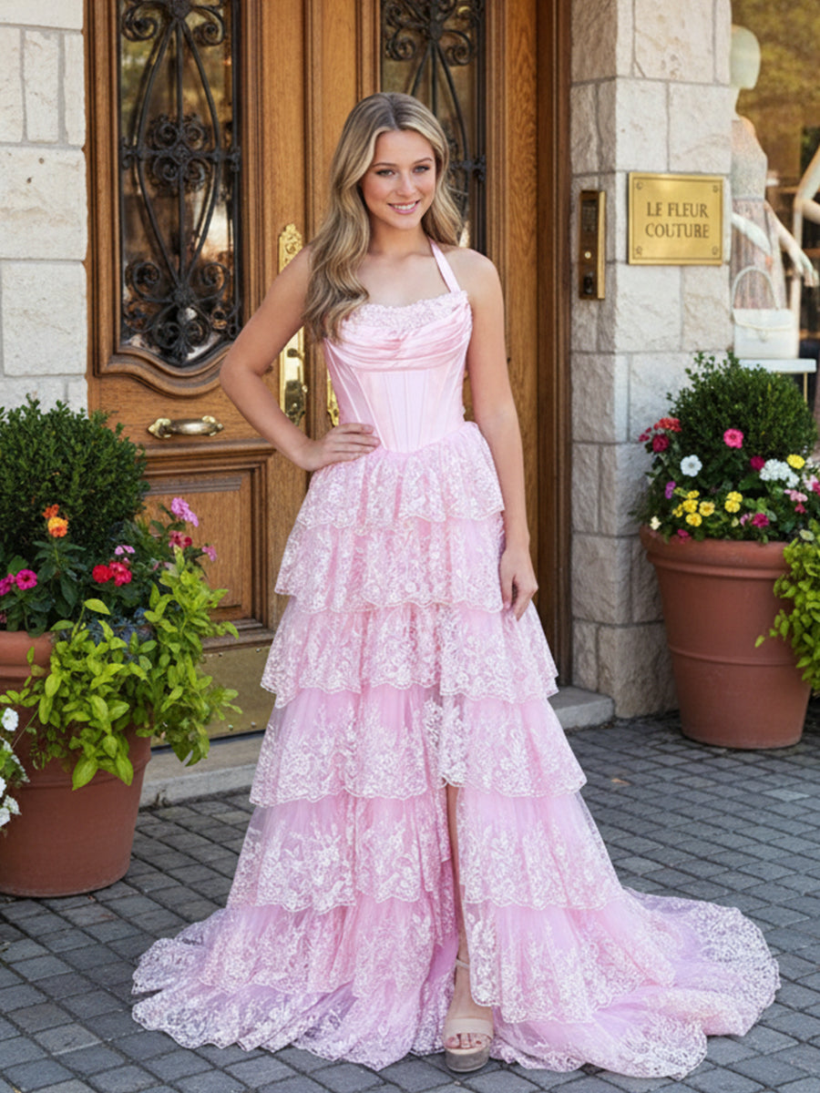 Sparkly Pink Corset Lace Tiered Ruffled Long Prom Dress with Slit - VelvetHem