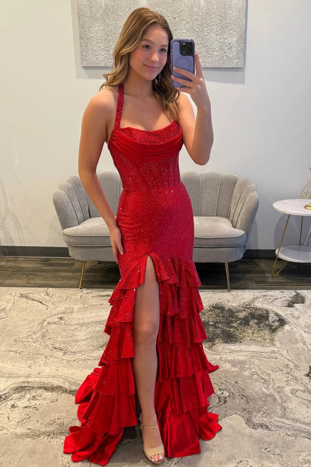 Sparkly Mermaid Halter Neck Red Corset Prom Dress with Beading Ruffles