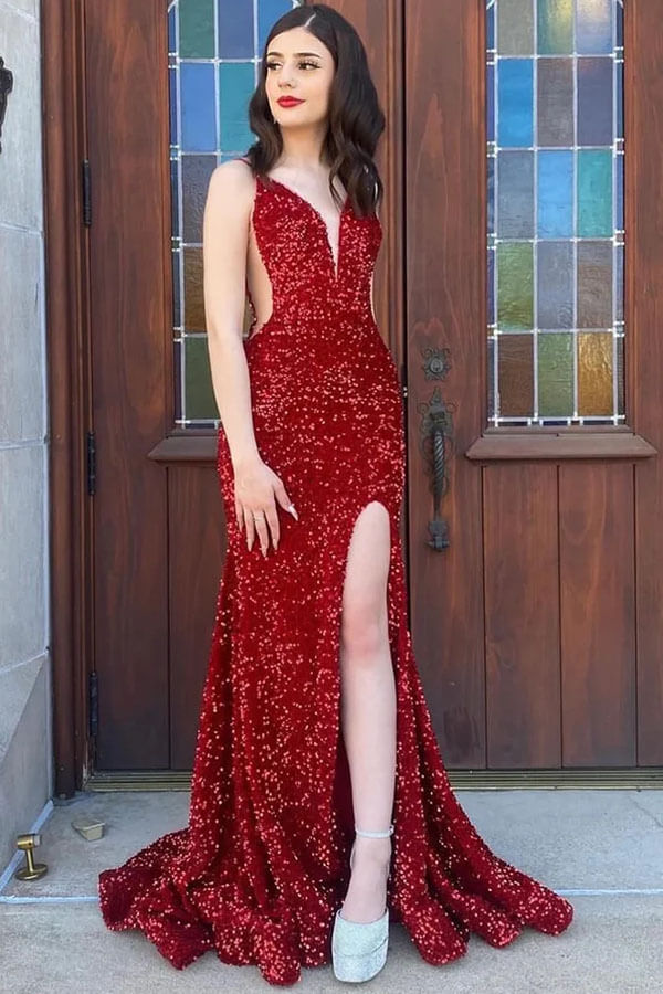 Sparkly Red Sequins Mermaid V-neck Long Prom Dresses With High Slit - VelvetHem