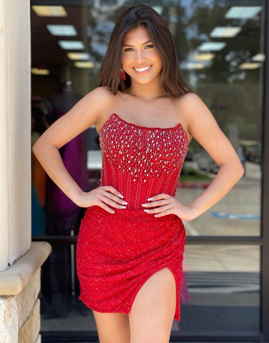 Sparkly Red Strapless Short Homecoming Dress With Split - VelvetHem