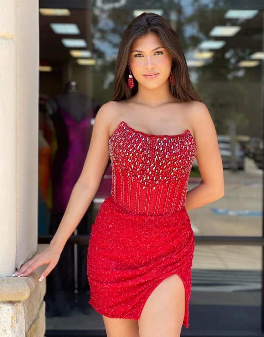 Sparkly Red Strapless Short Homecoming Dress With Split - View 2 | VelvetHem