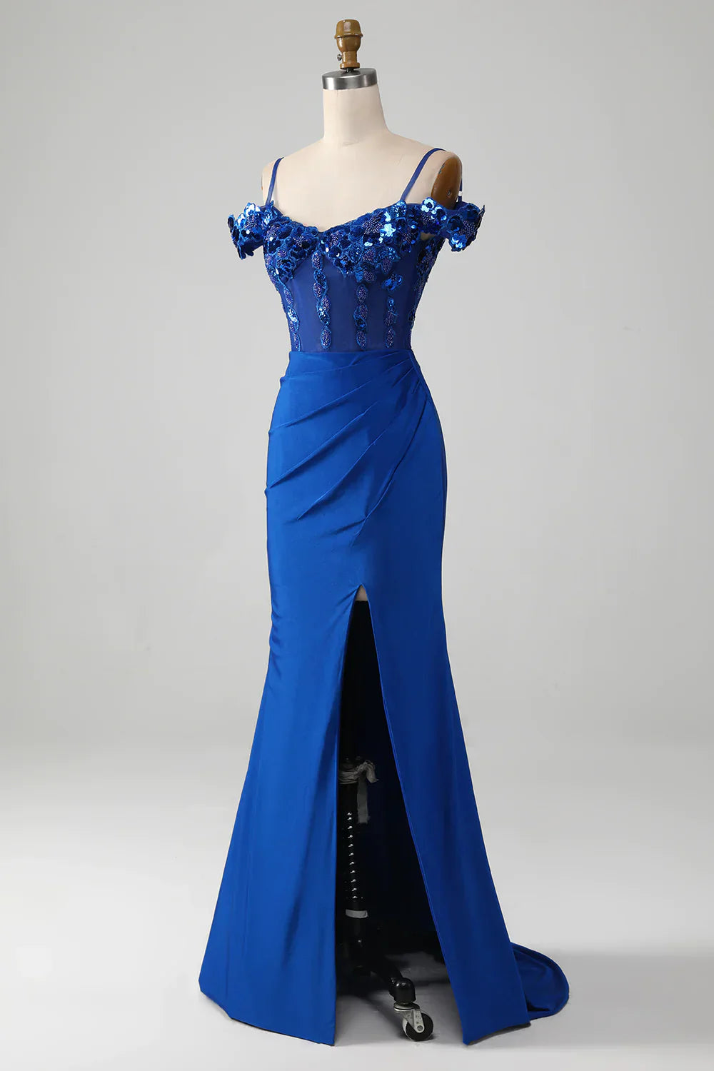 Sparkly Royal Blue Off The Shoulder Mermaid Long Prom Dress With Sequin - View 3 | VelvetHem