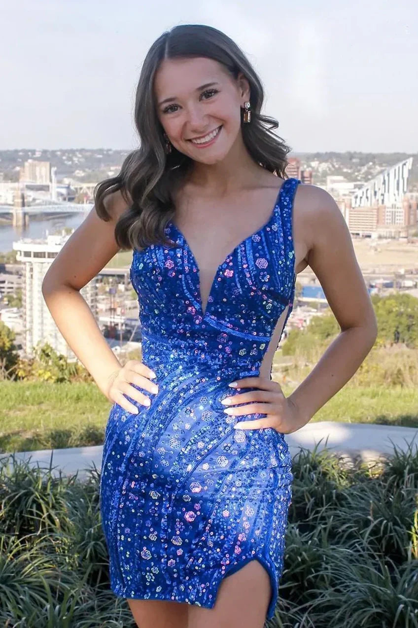 Sparkly Sheath V Neck Royal Blue Short Homecoming Dress with Sequins