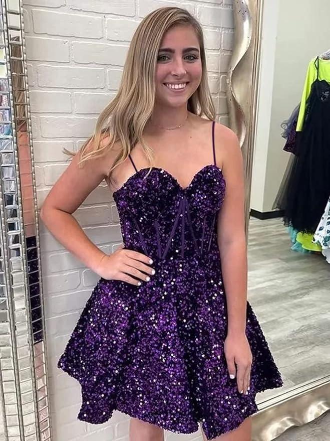 A line spaghetti strap prom dress short prom dresses sequin (ZD11707) - VelvetHem