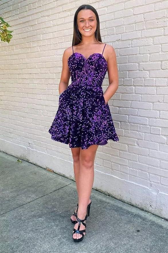 A line spaghetti strap prom dress short prom dresses sequin (ZD11707)