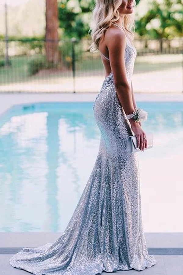 Sparkly Silver Sequins Mermaid Backless Long Prom Dresses, Evening Gown - VelvetHem