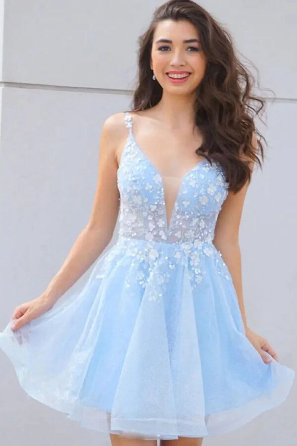 Sparkly Sky Blue Tulle A-line V-neck Homecoming Dresses With Flowers - VelvetHem
